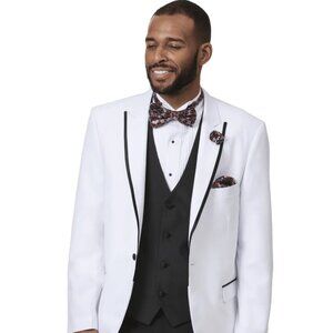 Mens Classic One Button Peak Tuxedo in White with Black Trim